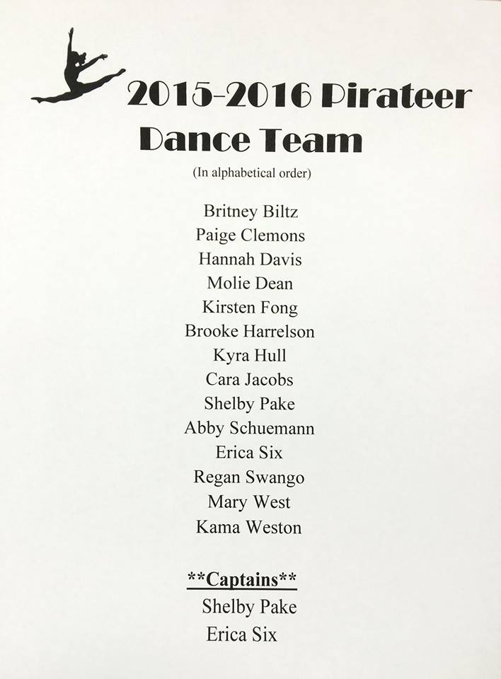 2015-2016 Pirateer Dance Team Roster